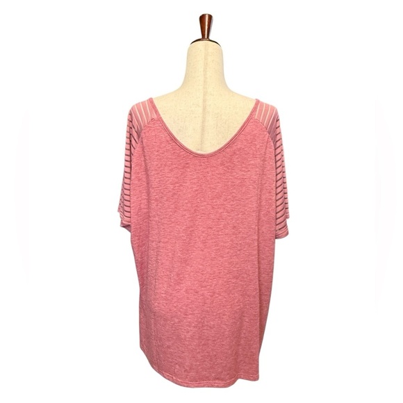 Women’s V-Neck Semi Sheer Striped Short Sleeve Knit Top. Pink 3X #1502 - Picture 3 of 4